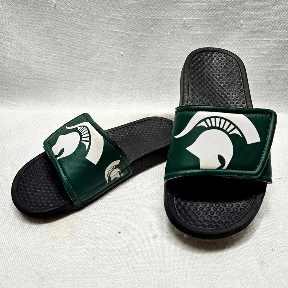 Michigan State Spartans Slides Adult Small Green White Spartan Helmet‎ Sandals